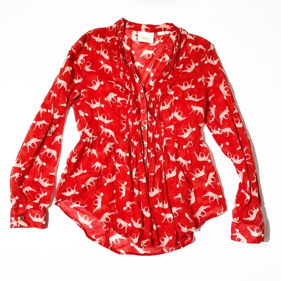 Maeve Anthro Leopard Pintuck Cotton Blouse Top - Picture 2 of 8